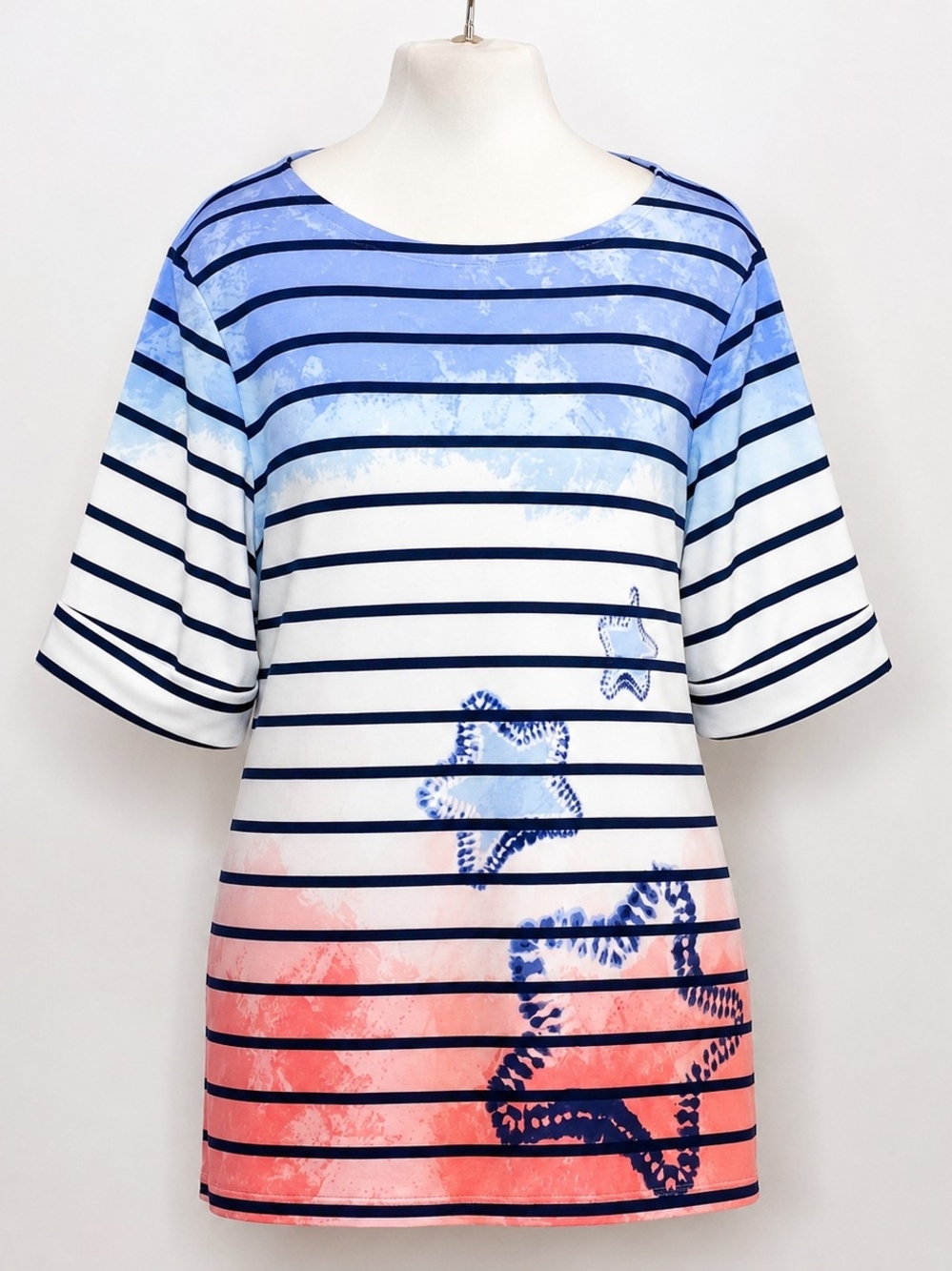 Boat Neck Cuffed Sleeve Nautical Coastal Chic Blouse Coral Top